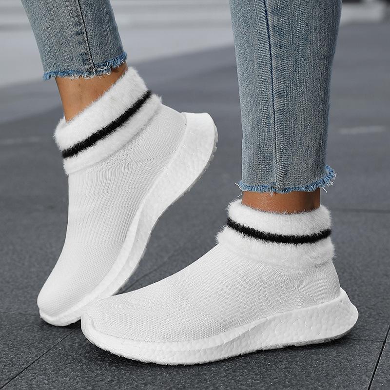 Autumn and Winter New Women's Lightweight and Versatile High-top One-pedal Socks Shoes with Wool Warm Indoor Fitness Shoes