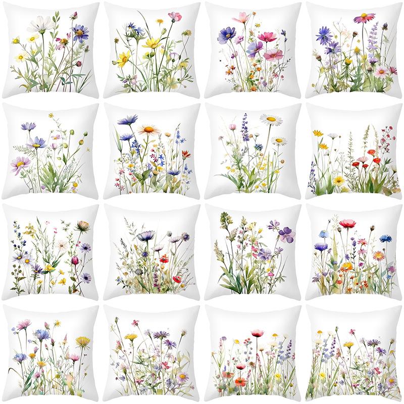 Spring New Flower Print Peach Leather Velvet Pillowcase Plant Flowers Fresh Cushion Set Decorative Pillow