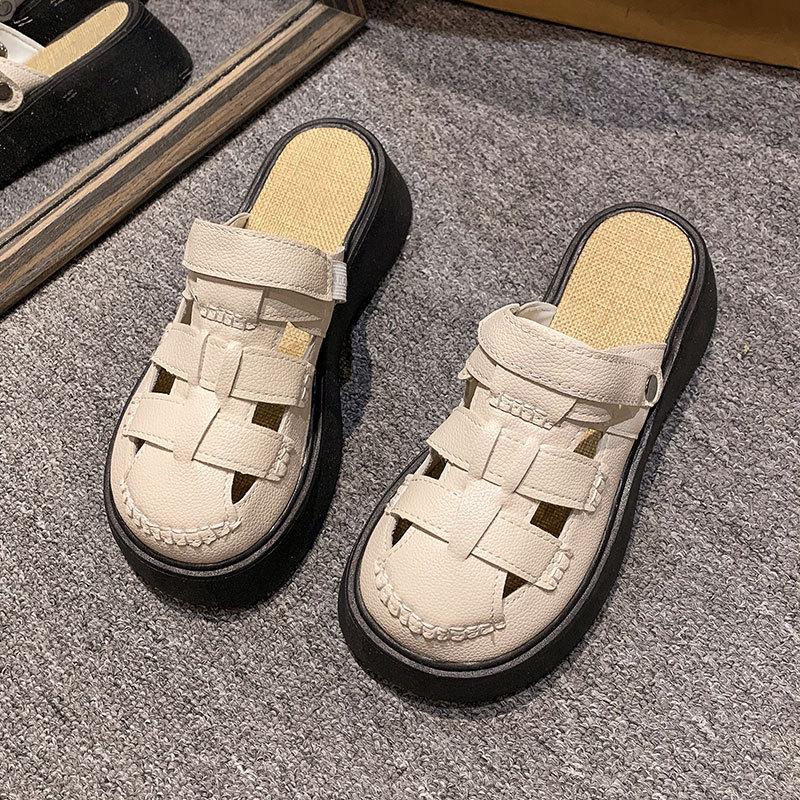 Baotou sandals women's new 2025 summer wear hole shoes two wear platform half slippers beach Roman shoes