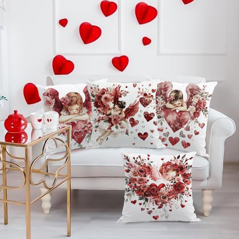 Valentine's Day Angel Print Home Decor Pillowcase Bedroom Living Room Sofa Decoration Polyester Cushion Cover with Zipper