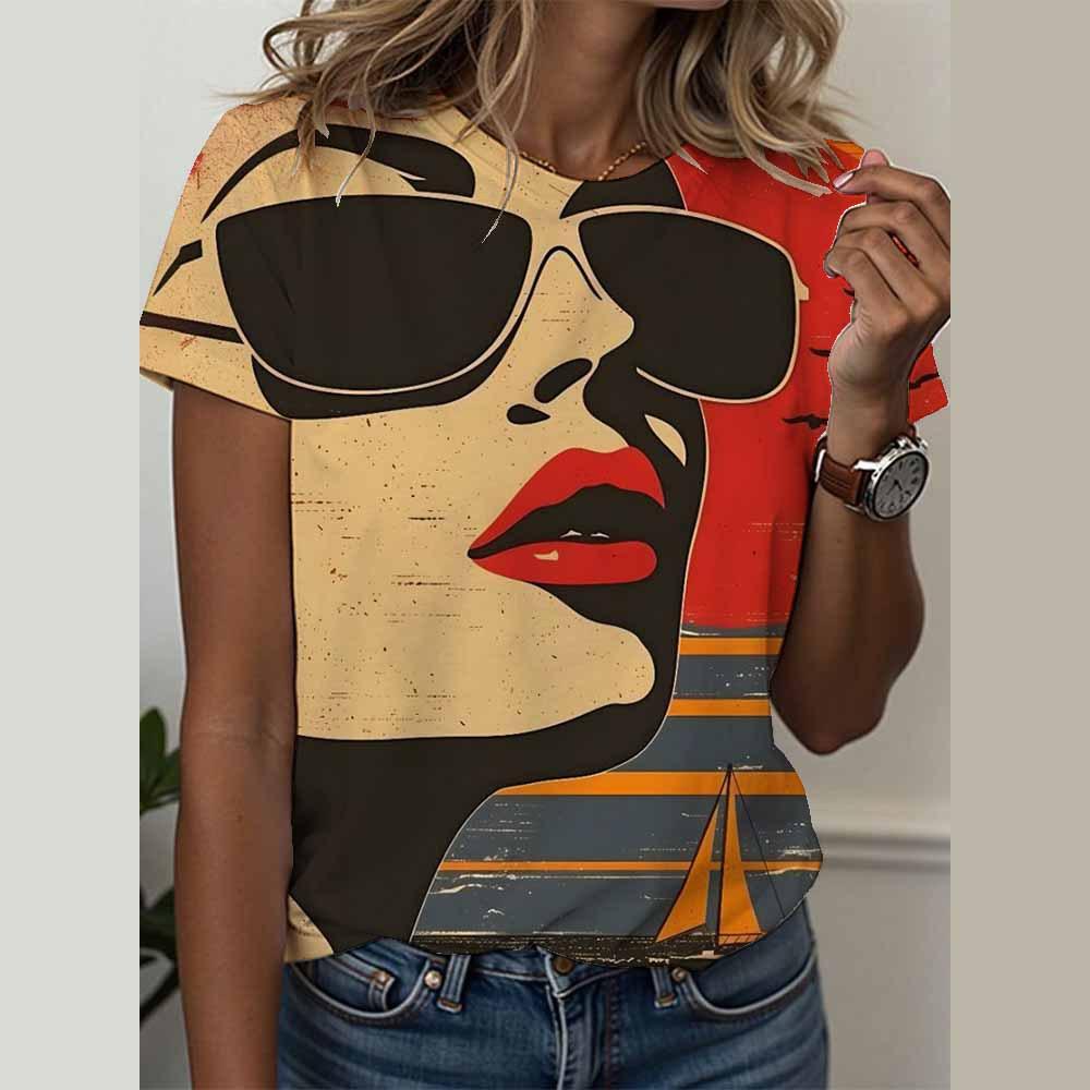 3D Short Sleeved Summer T-shirt for Women's Cami Abstract Image Printed Cartoon T-shirt