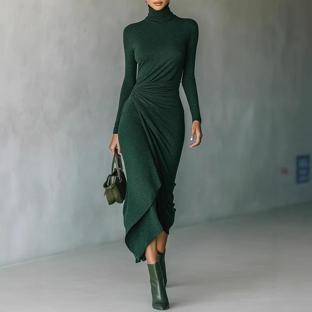 Damen Rollkragen Langarm Raffung Asymmetrisch Midi Kleid Schlanke Passform Elegant Wickel Bodycon Kleid