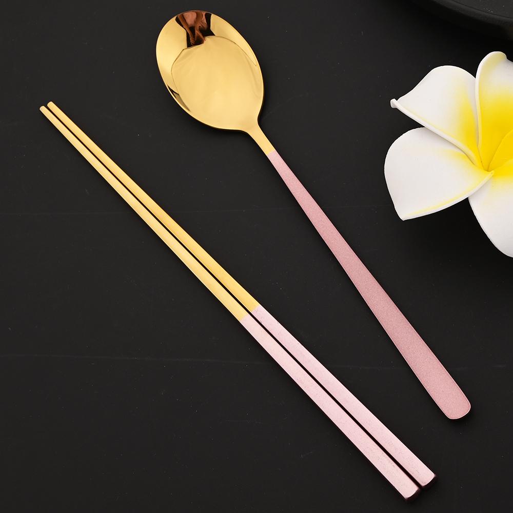 5Set Black Gold Portable Travel Cutlery Set Chopsticks Spoon 304 Stainless Steel Korean Dinnerware Set Luxury Tableware Set