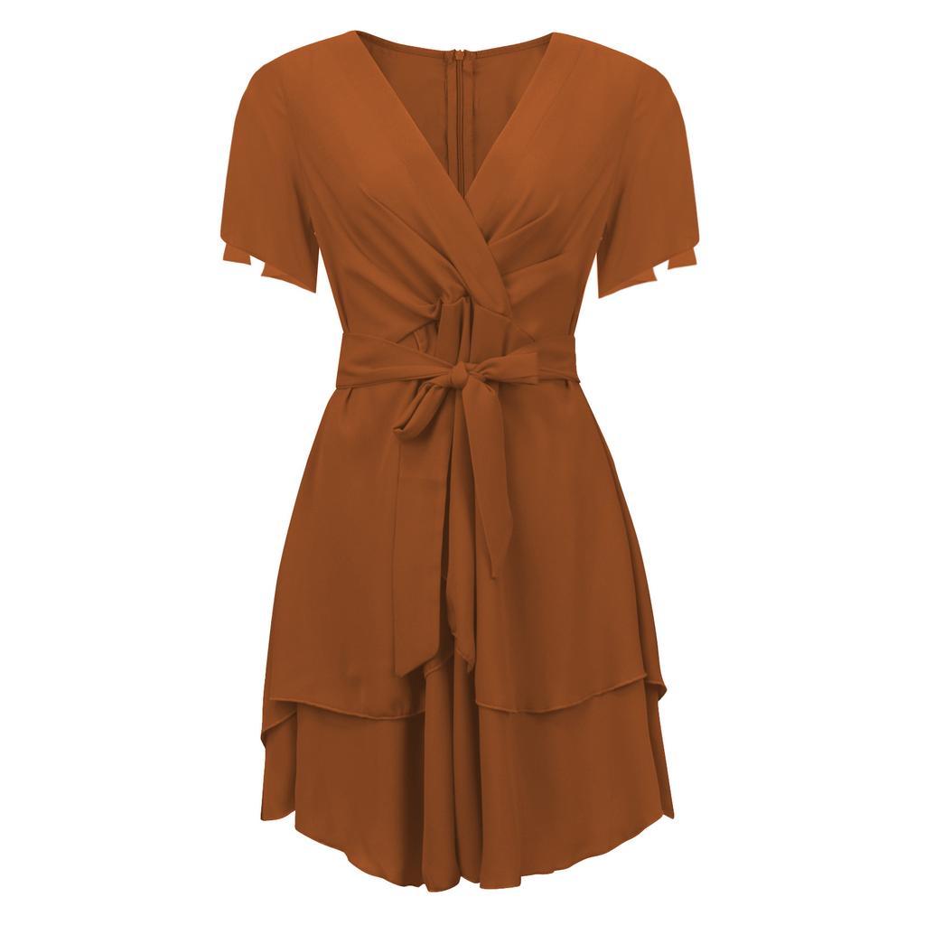 Women's Fashion Casual Color Short Sleeve V-Neck Loose Waist Ruffle Dress