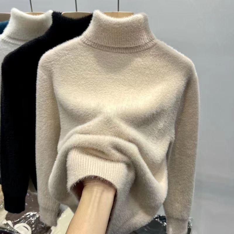 Women's Turtleneck Sweater Faux Mink Top for Women Solid Plush Thickened Warm Bottoming Shirts Basic Knitwear Thermal Pullovers