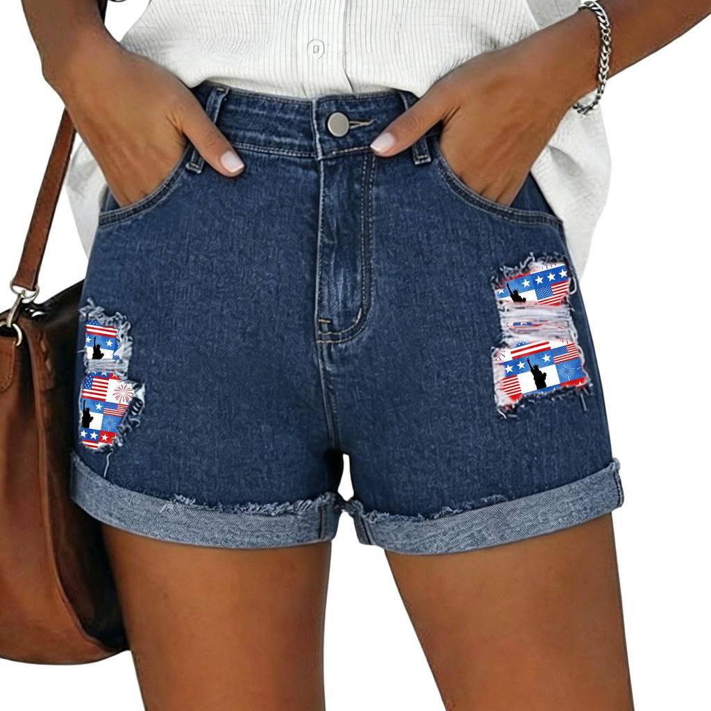 Women's Casual Denim Shorts with Pockets High Waist Rolled Hem Distressed Design Comfortable Fit Summer Wear