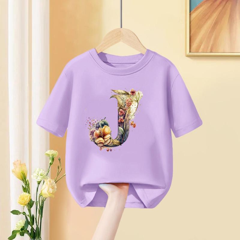 Mädchen T-Shirt 26 Englische Buchstaben A B C D Kindermode Blume T-Shirt Kinder Benutzerdefinierter Name Buchstabe Sommer Lila Kleidung
