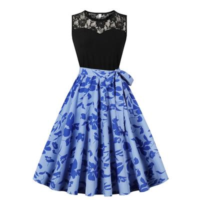 Summer New Retro Dress Lace Crew Neck Sleeveless Stitch Print Pendulum Dress