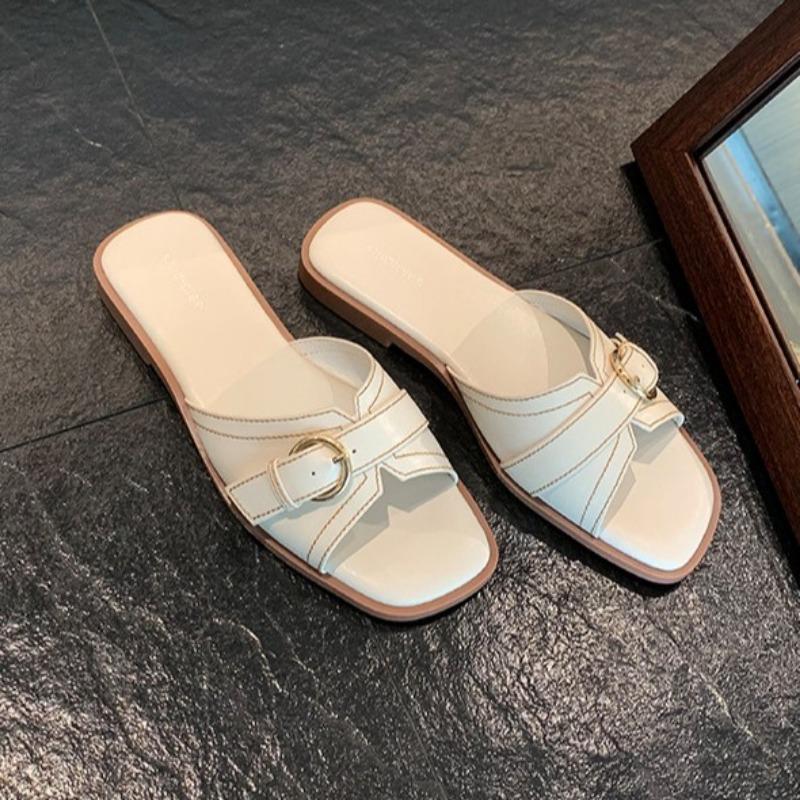 

Sheepskin shoes women s summer wear niche diagonal cut square head bright line belt buckle flat bottom cool slippers 40