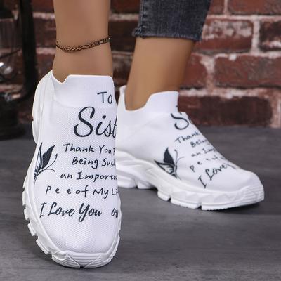 Lucyever Letter Printing Sport Sneaker Women Breathable Thick Bottom White Sneakers Woman Comfort Slip On Knitted Flats Female