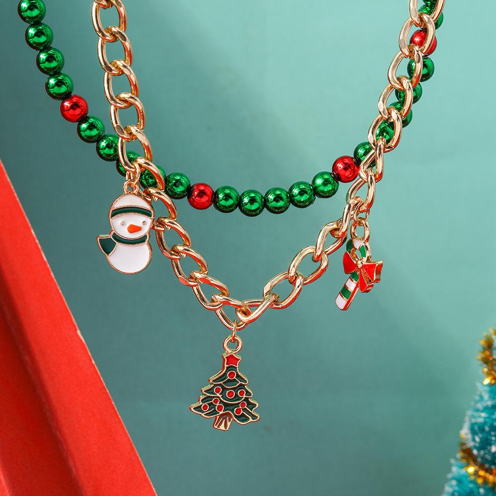 European and American Christmas Snowman & Cane Necklace Set - Beaded Clavicle Chain Jewelry