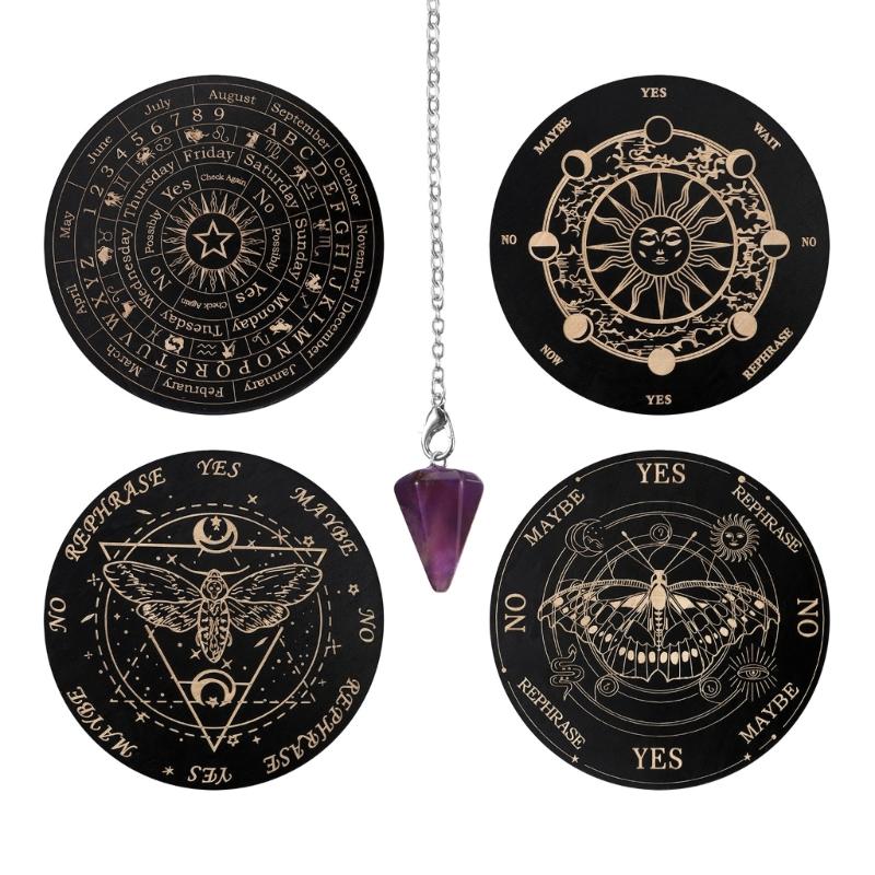 Divination Metaphysical Message Board Wooden Pendulum Board with Crystal Dowsing Pendulum Necklace Witchcrafts Supplies