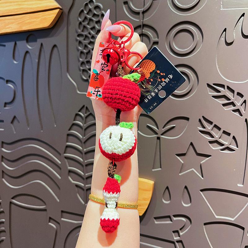 Handmade Crochet Apple Keychain, Knitted Apple Charm with Bell & Lucky Tag