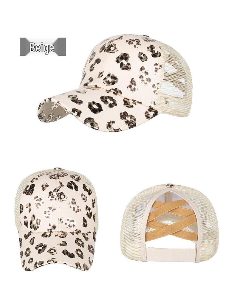 Women's Leopard Print Mesh Ponytail Baseball Cap - Duckbill Sun Hat for Spring/Summer