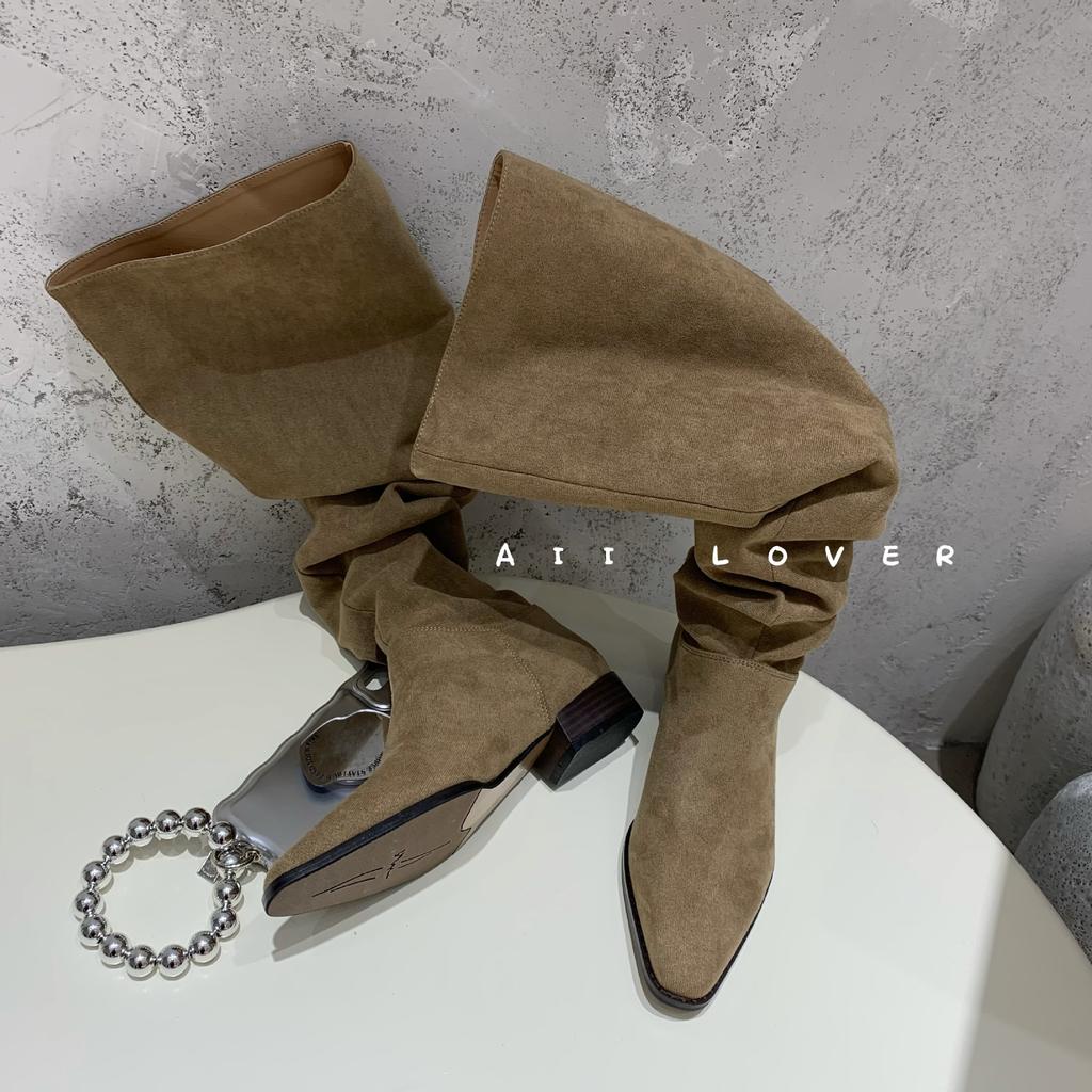 2025 New Autumn Fashion Suede Pointed Flat Bottom Thin Knight Women's Boots Two Knee Spice Girl Boots