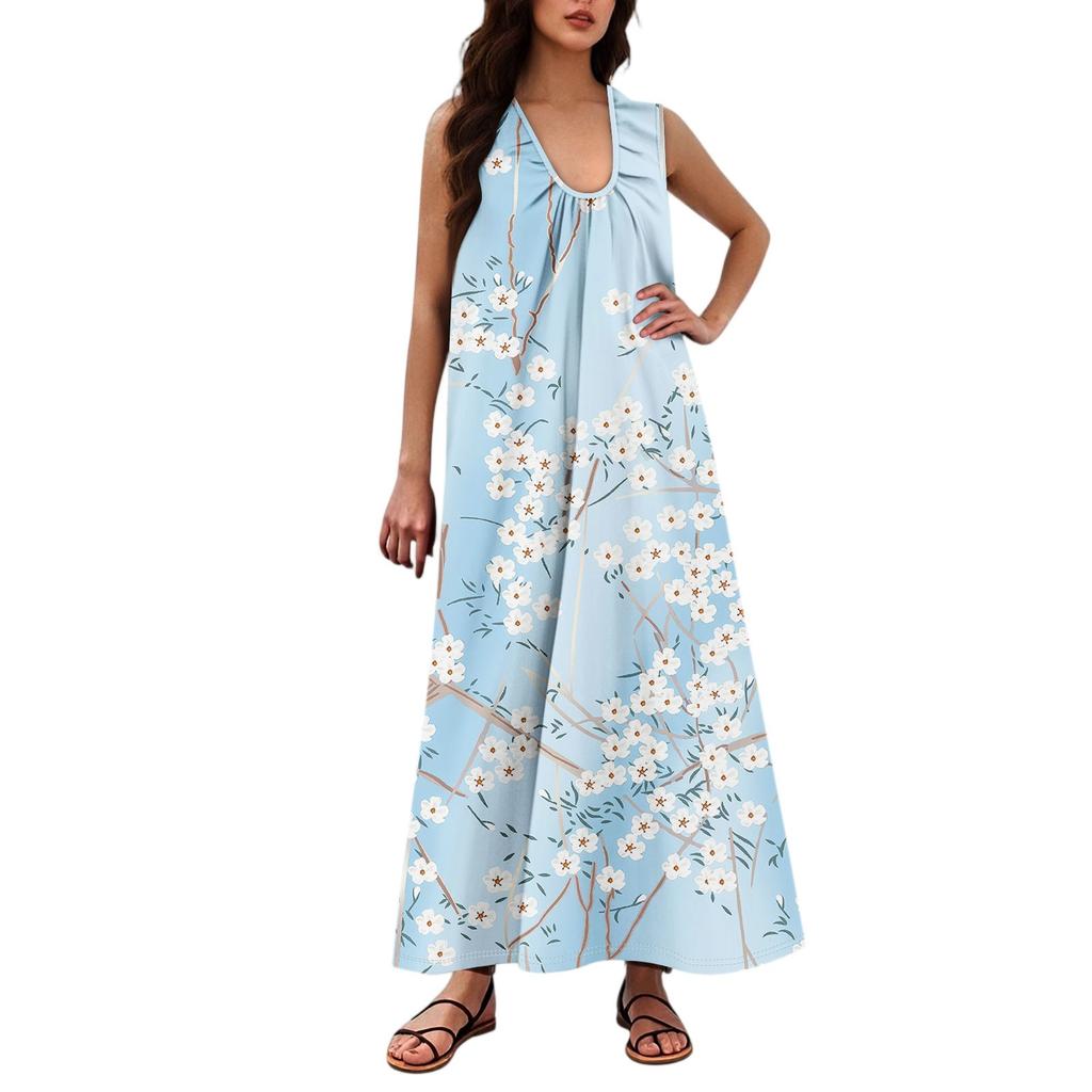 Women's Fashion Casual A-line Floral Printed Hammer Feel Loose Long Skirt With Pockets