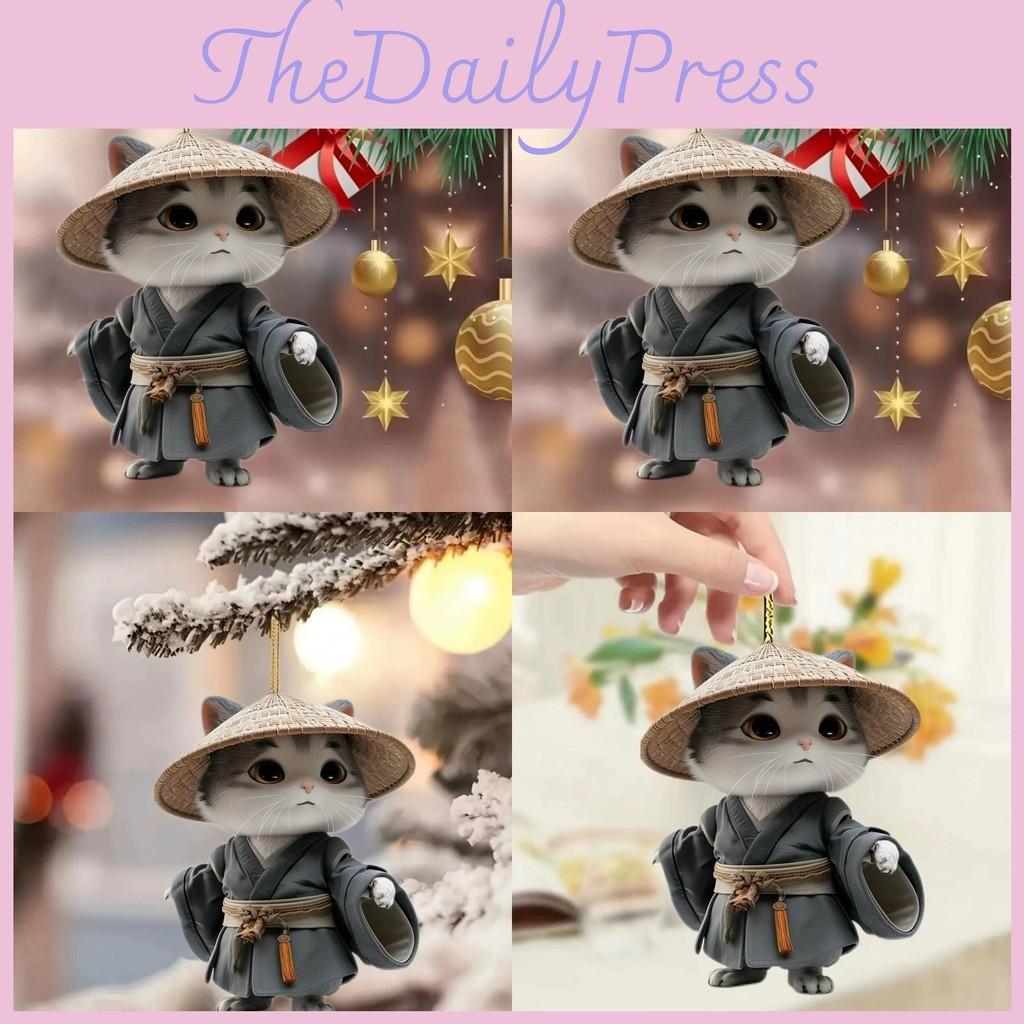 Cat Straw With Hat Acrylic Car Pendant For Christmas Party Decor Interior And