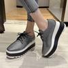 Silver Pu Leather Women Brogues Shoes Plus Size Suqare Toe Platform Flat Shoes Woman Lace Up Height Increasing Casual Shoes 43