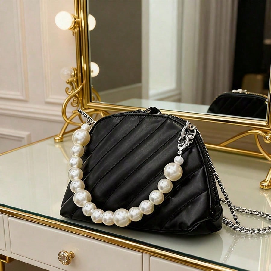 

Чорна сумка-черепашка DIY ручної роботи, унікальний дизайн, з єднання перловим ланцюжком, сумка під пахву чорний