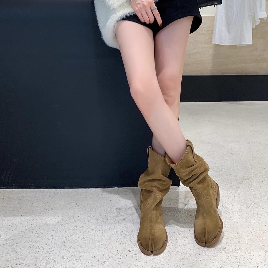 Second Hair! Su Yinyin Has the Same Round Head Split-toed Pig's Trotters Thick Heel Western Cowboy Pile Short Boots Female Martin Boots