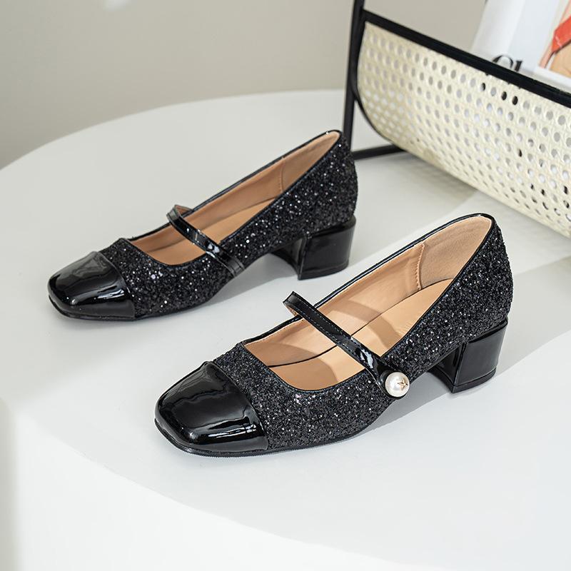 

Grape mother autumn new sparkling sequins banquet small fragrant style square head word with thick heel Mary Jane single shoes women 40