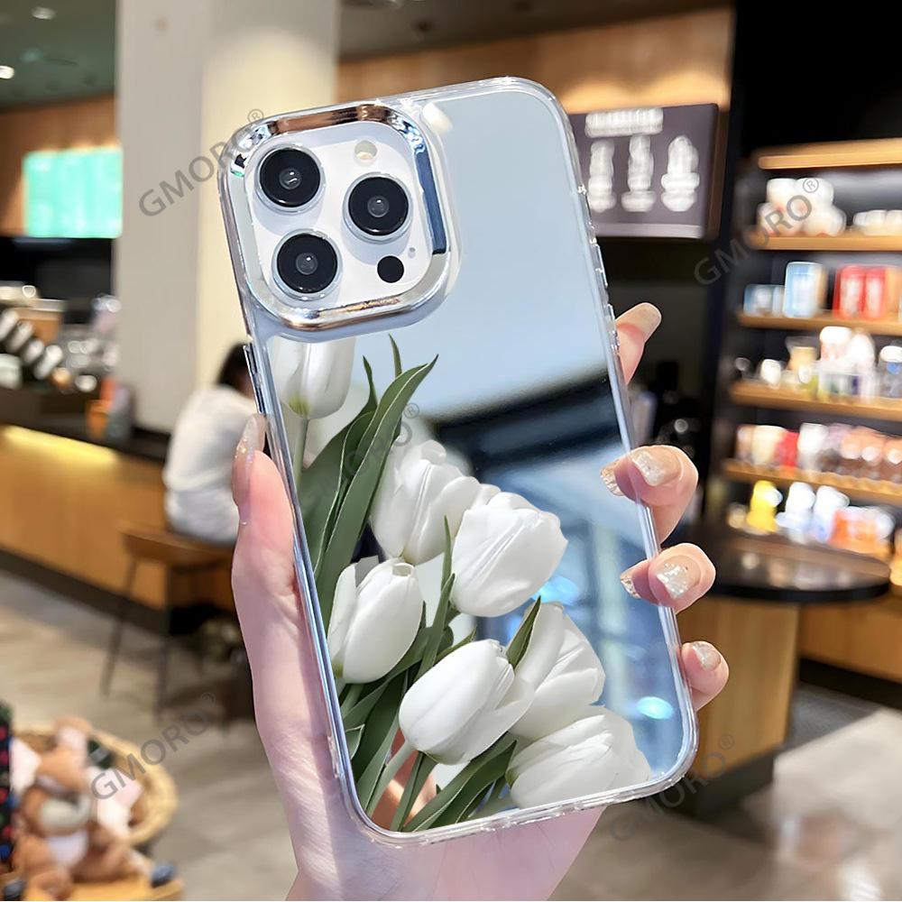 ins wind tulip flower suitable for iphone15 premium mirror mobile phone case 17pro women's makeup mirror