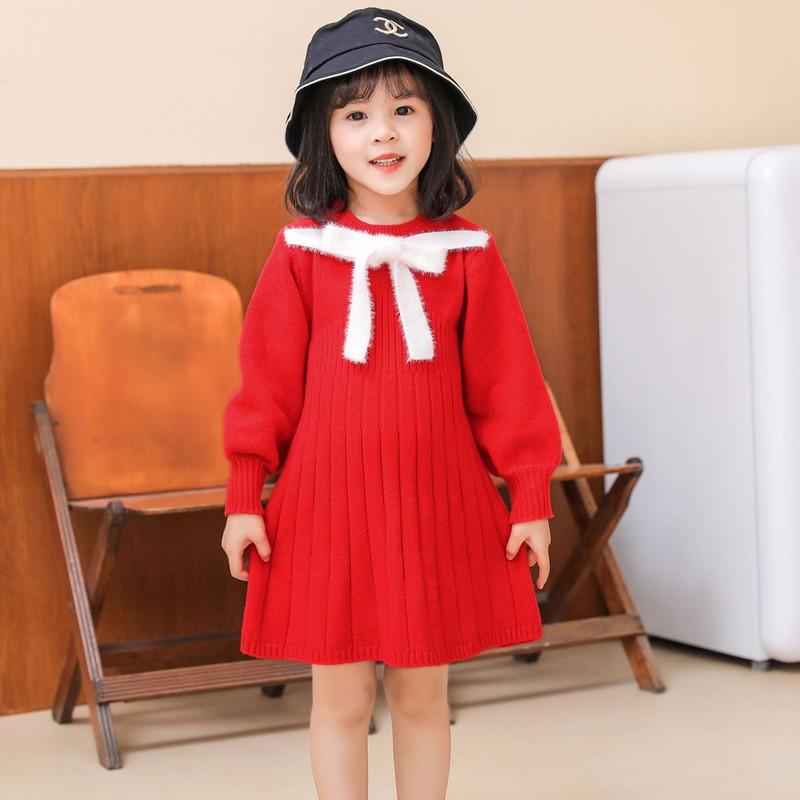 Dívčí šaty Pletené svetrové šaty Jarní a podzimní svetr Dlouhá sukně Dětské sladké princeznovské šaty