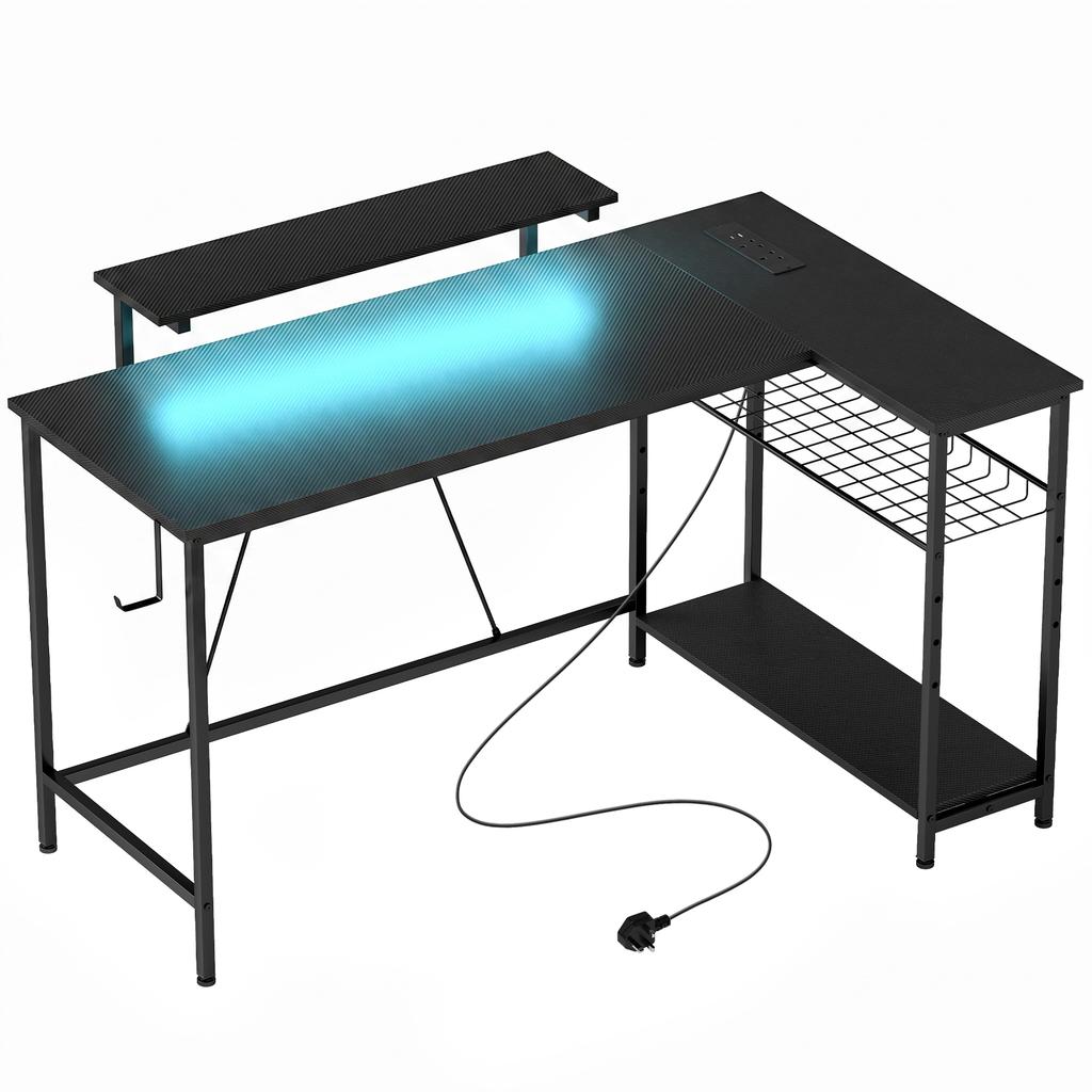 Reversible L Led Light Gaming Work Desk Black