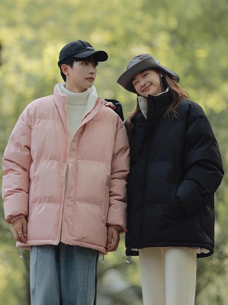 Men's Winter Solid Color Cross-Collar Cotton Jacket - Thick, Warm, Loose-Fit Outerwear for Couples