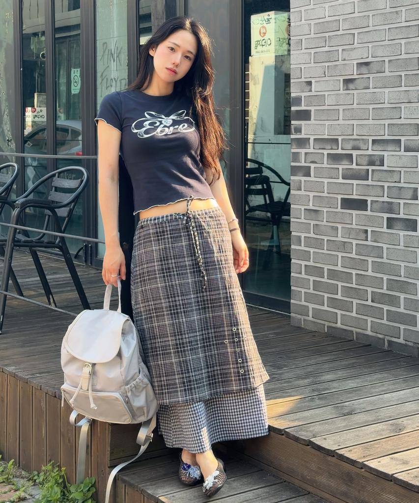 Plasma Sphere Duplex Stud Cross Eyelet Check Layered Long Wrap Skirt_2 Colors