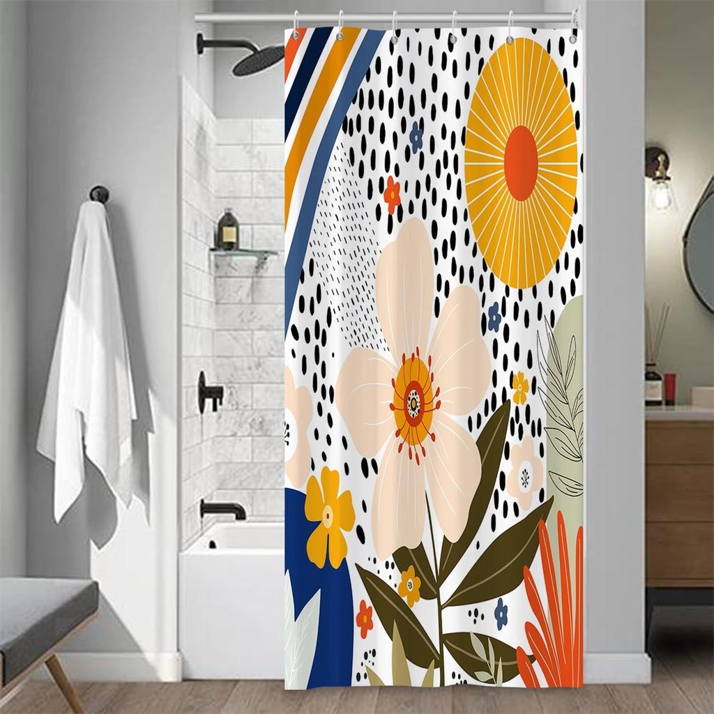 Boho Floral Bathroom Shower Curtain - Tropical Green Leaves, Pink Flowers - Waterproof Polyester Fabric - Mid Century Modern