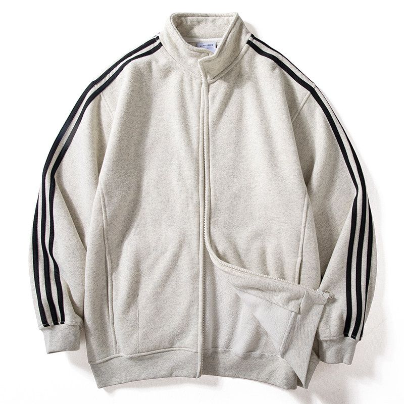 Men's Autumn and Winter Warm Fleece-Lined Thick Striped Color-Block Sweatshirt, Youthful Loose Casual Zip-Up Jacket with Stand Collar, Trendy