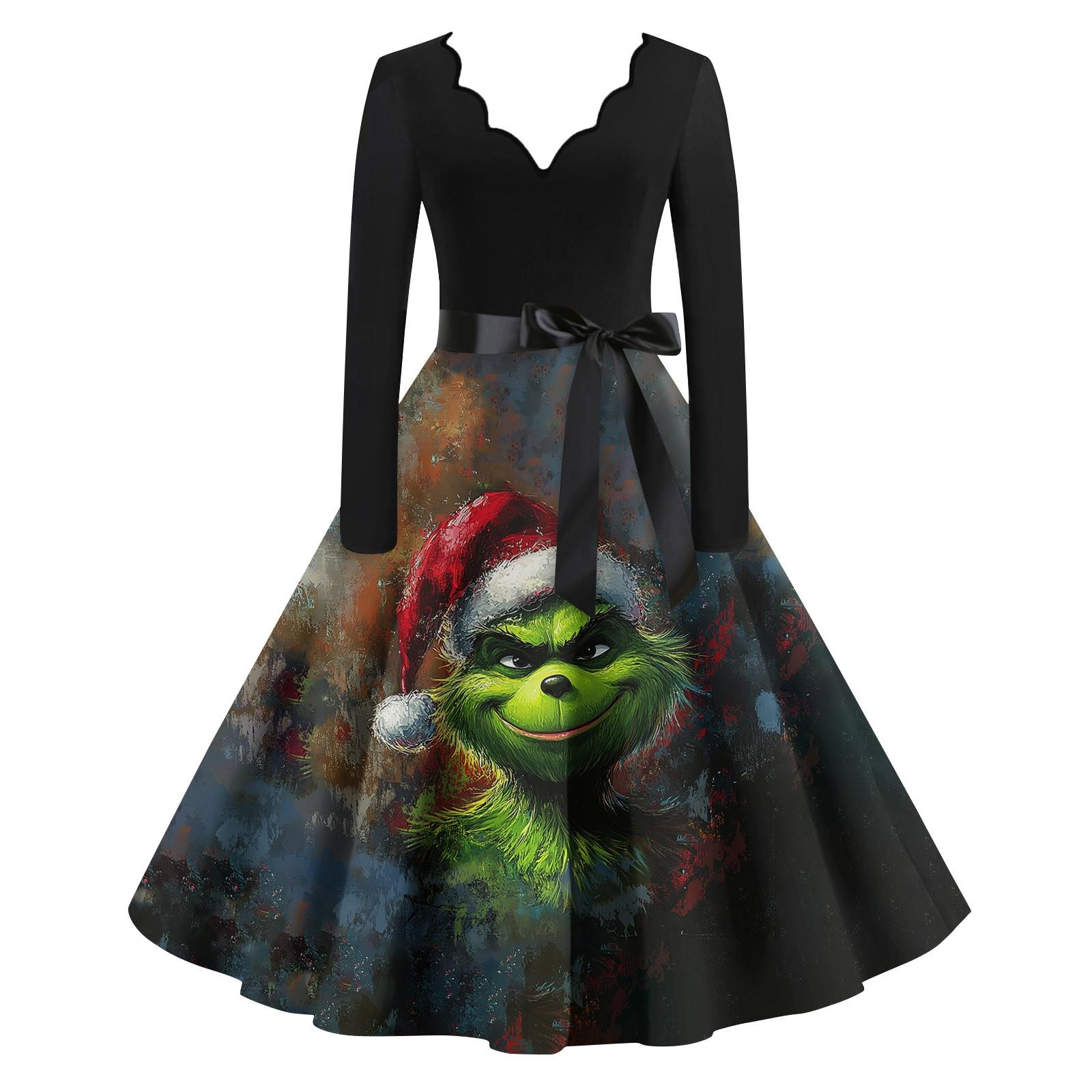 

Женское повседневное модное платье с длинным рукавом и принтом, вечернее повседневное платье с V-образным вырезом и вырезом M зелёный