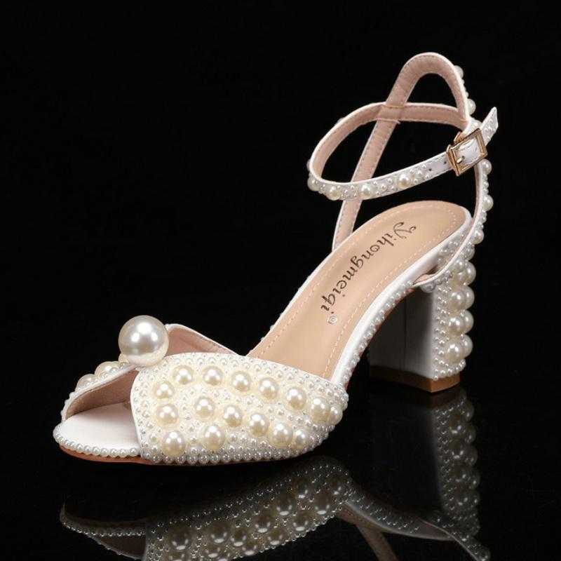 Fashion Sweet Handmade Pearl Stiletto Line With Shallow Cut Party Wedding Shoes Thick Heels High Heels For Women