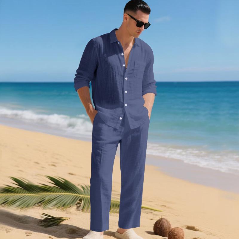 Europäischer & Amerikanischer Leinen Herbst Herren Freizeitanzug: Hemd mit lockerem Revers & Langarm-Strandhose
