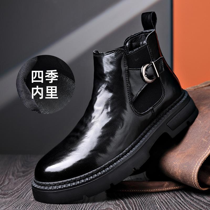 FashionAutumn Winter Ankle Boots for Men Fashion Casual Buckle Designer Black Cow Leather Shoes Man Black Platform Chelsea Boots Male