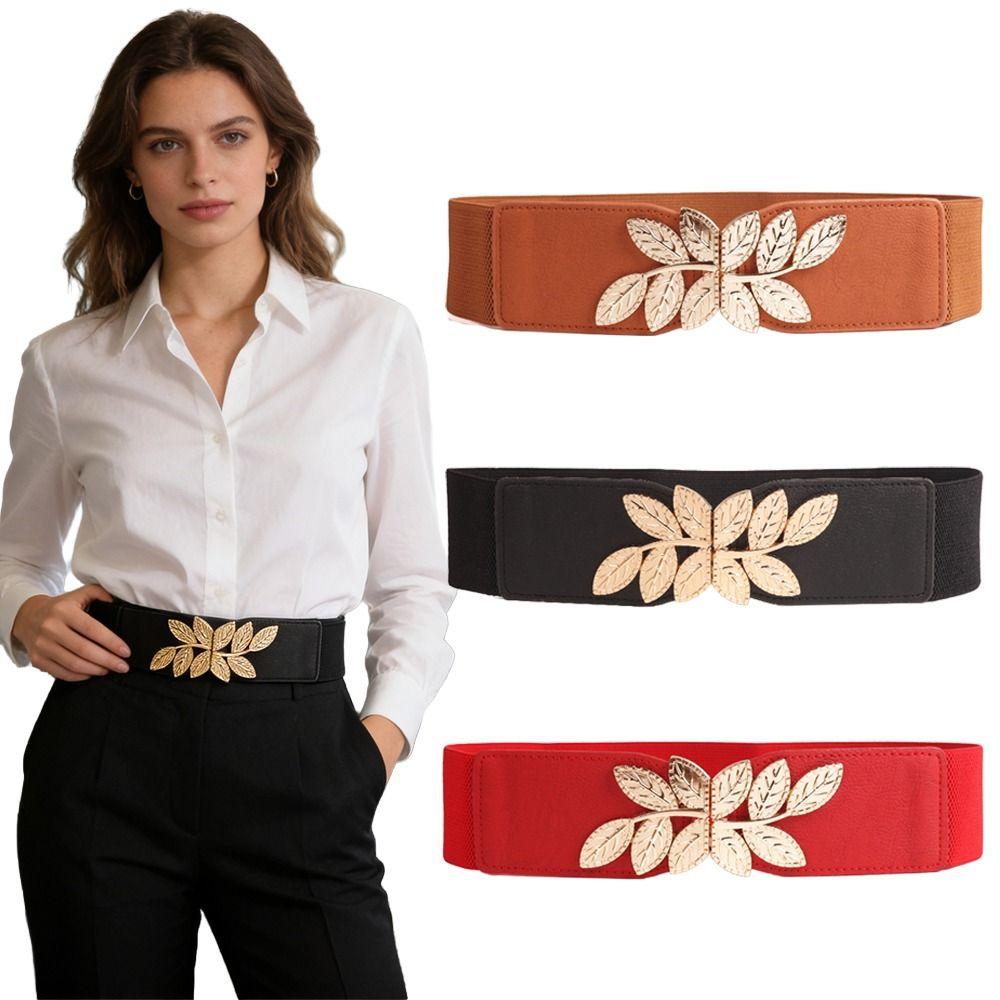 Creative Metal Buckle Women Elastic Band Waist Defining Comfortable Stretch Waistband Solid Color Dress Belt Jeans