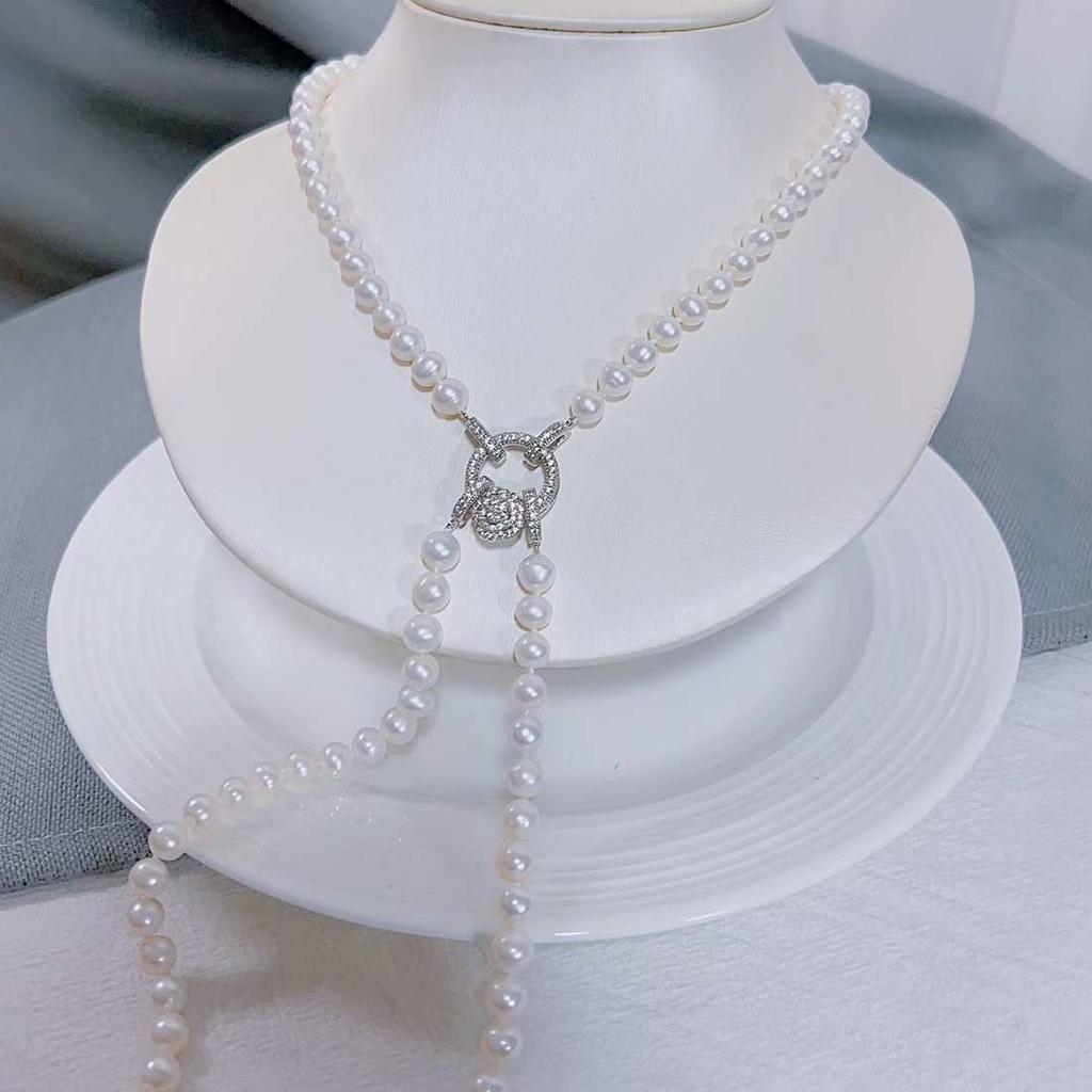 Women's Double-Layer Freshwater Pearl Necklace Polymorph Sweater Chain with Natural Beauty Count Necklace