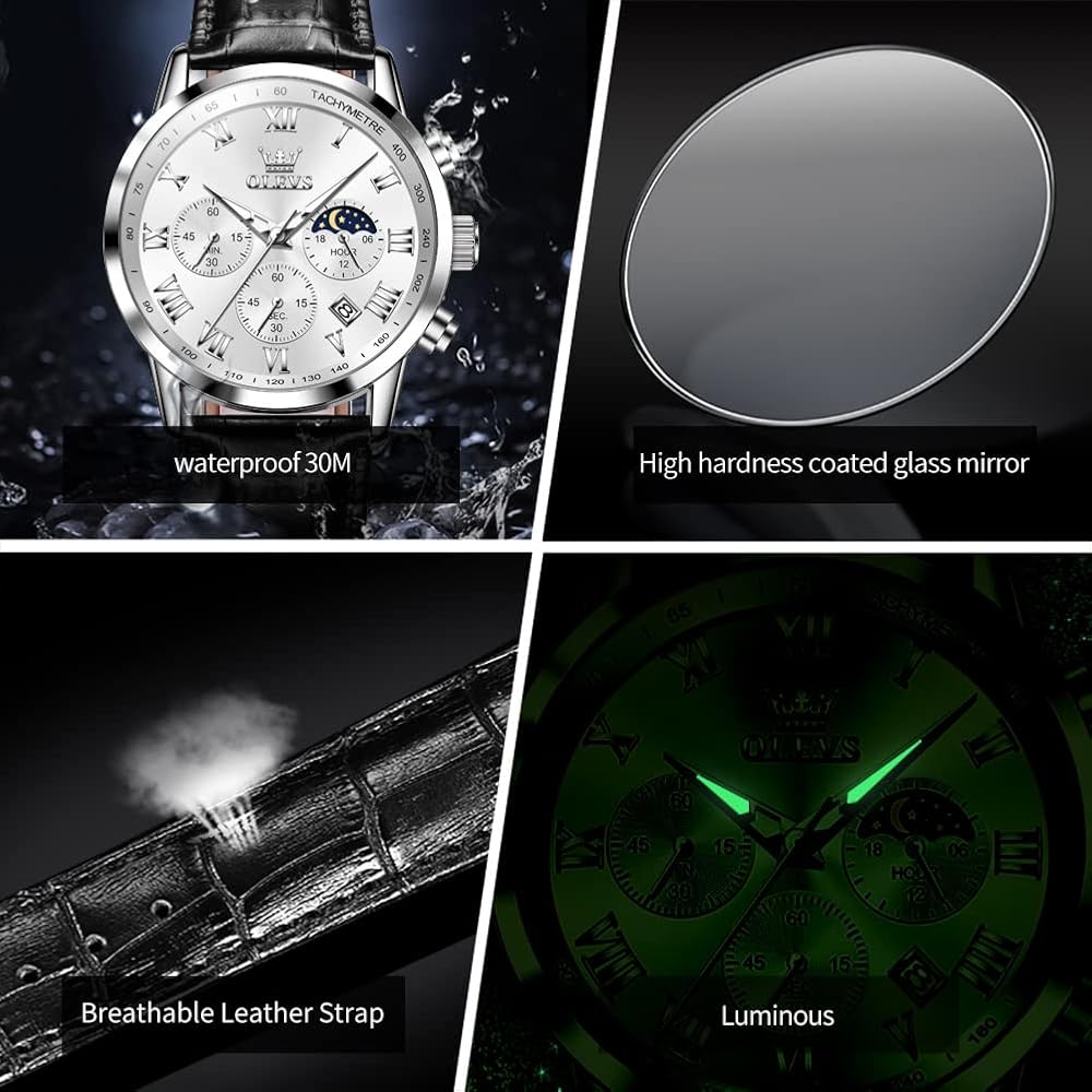 Olevs Men's Chronograph Waterproof Analog Watch Black Leather Strap Date Display Fashion Timepiece White Dial