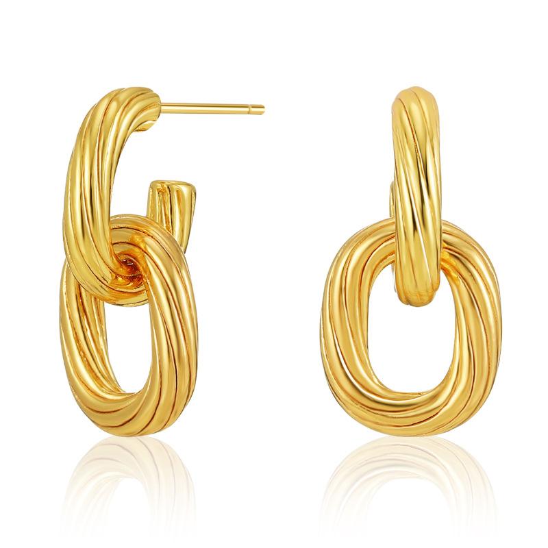 Vintage Embossed Handmade 18k Gold Plated Copper Irregular Oval Twisted Stud Earrings