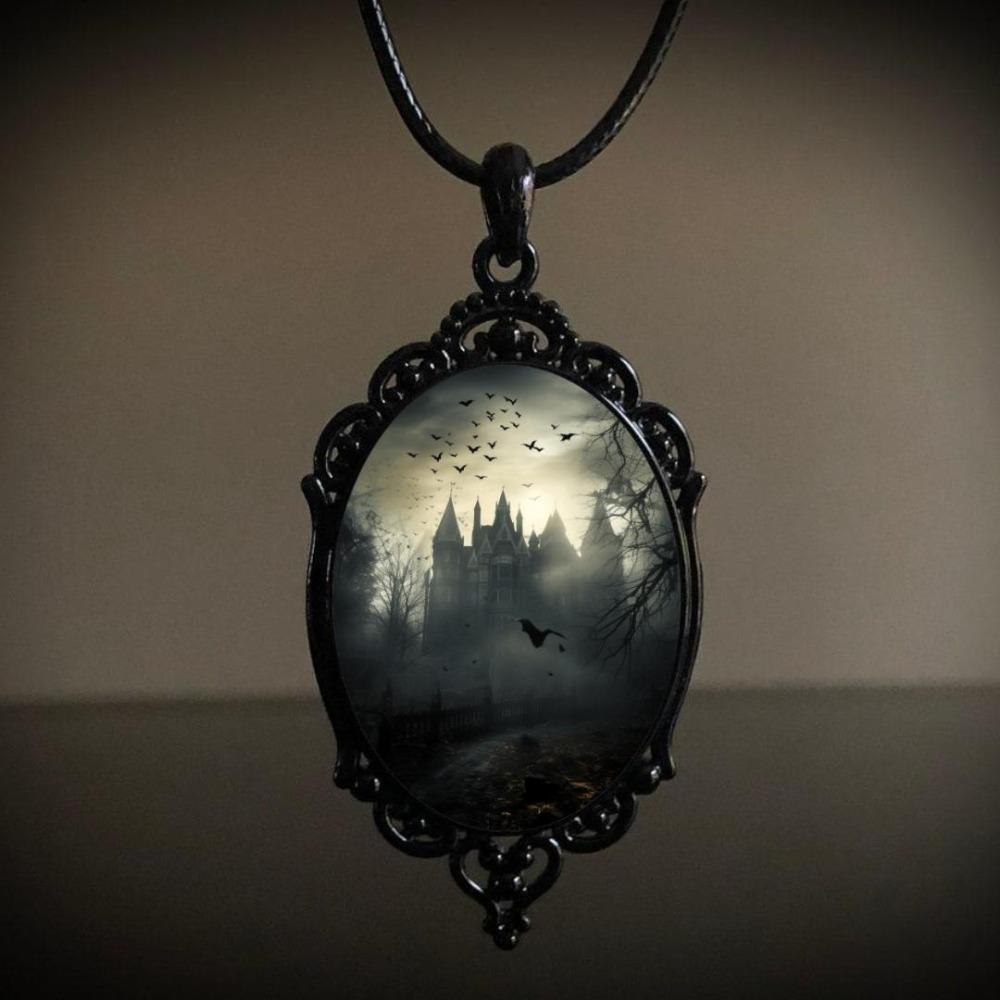 Gothic Black Oval Bat Castle Crow Cross Cemetery Vampire Pendant Leather Rope Necklace for Women Men Hallowmas Jewelry Gift