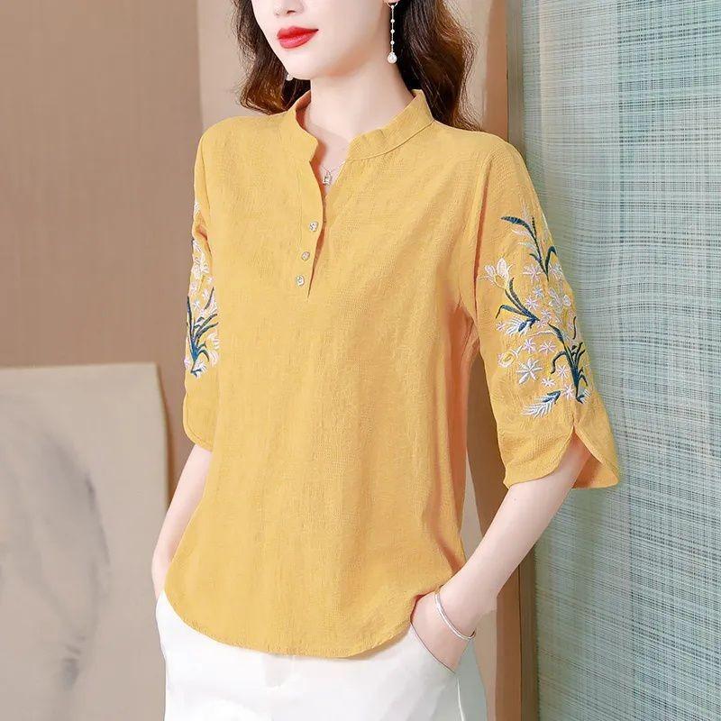 Women Summer Stand Collar Half Button Floral Embroidery Half Sleeve Casual Linen Blend Blouse