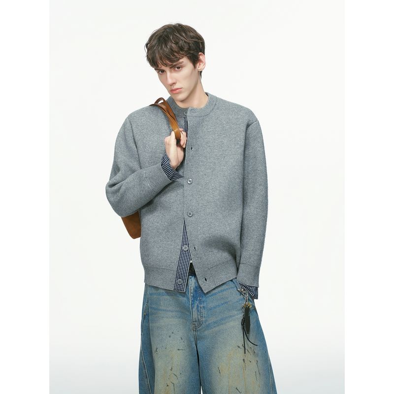 Dream Made Cloud-Like Plaid Patchwork Cardigan Sweater for Men, Autumn and Winter Thickened Fake Two-Piece Henry Collar Knitwear