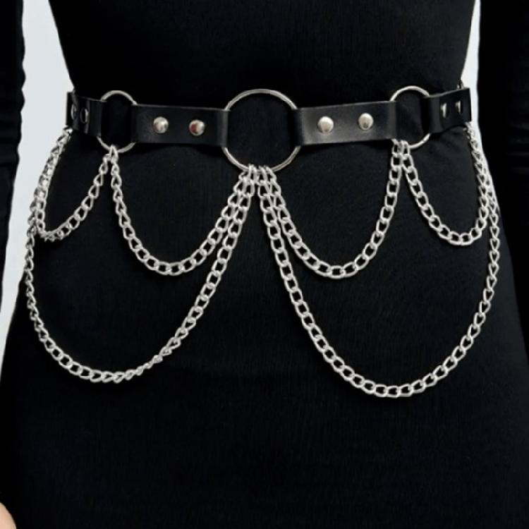 Gothic Clothing Accessory For Women Edgy Punk Belt Adjustable Wide Waist Chain Faux Leather Street Style Waistband