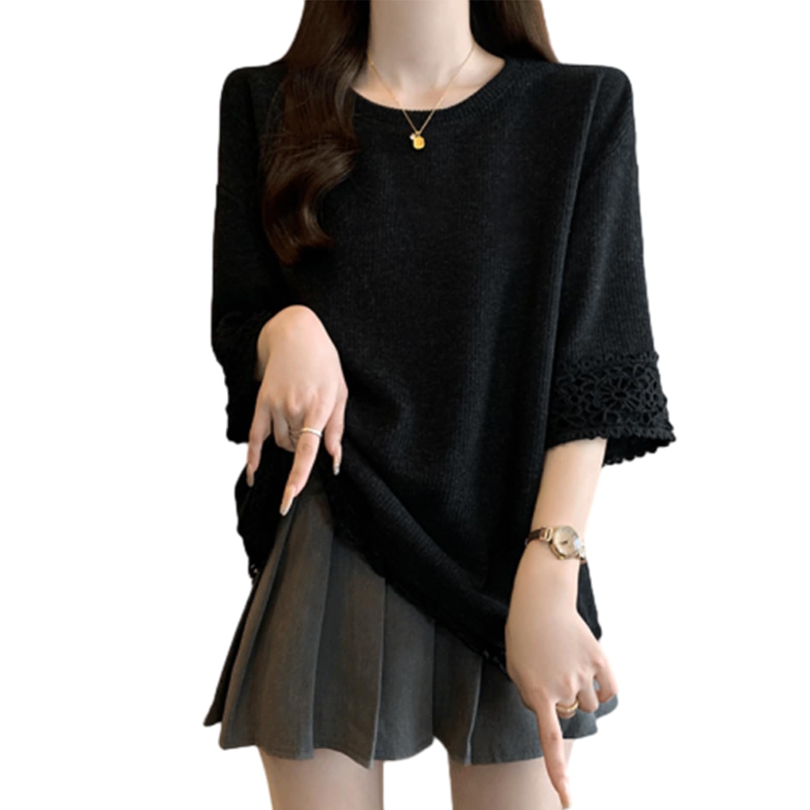 

JoccKorr Сшитая футболка с коротким рукавом, круглым вырезом, ажурным цветочным узором, больших размеров, свободная женская футболка, блузка, рукав, воротник, топ, принт, вышивка, пэчворк, чёрный