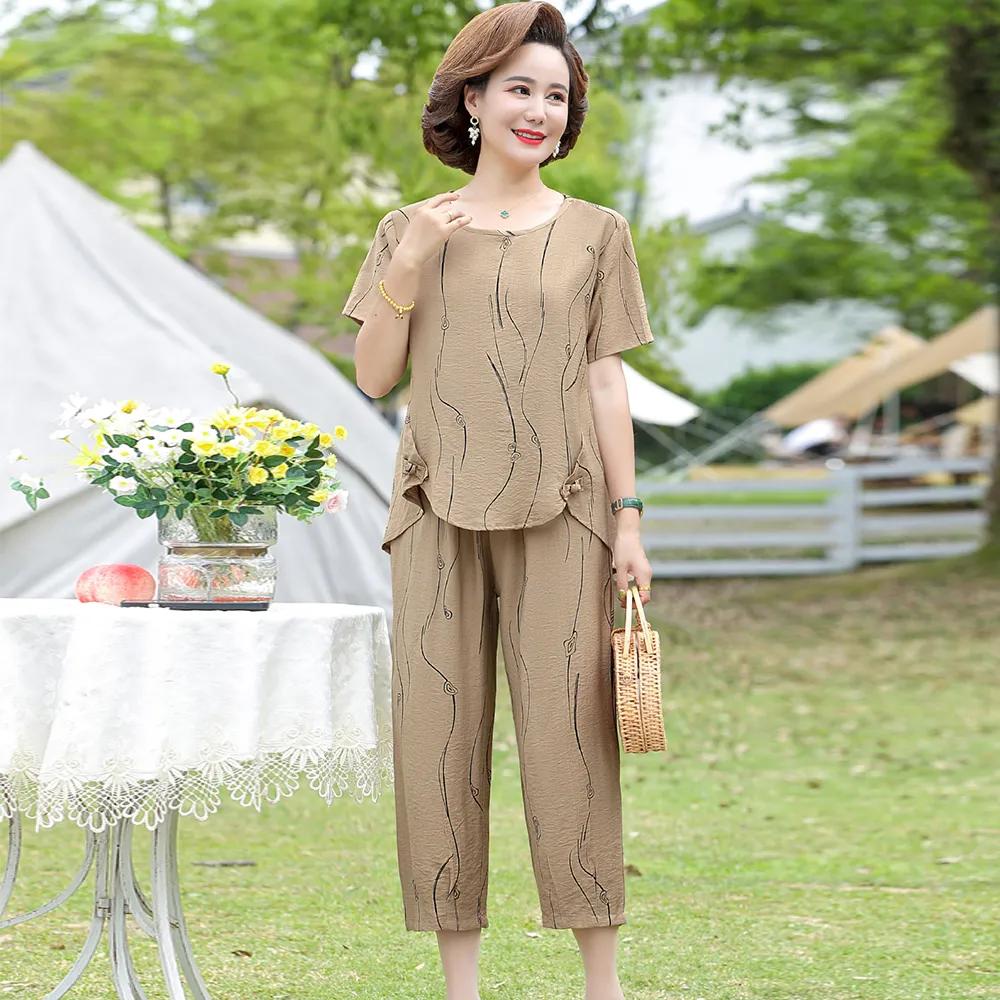 Damen Sommer Design Locker Große Größe Anzug Mittelalterliche und Ältere Bequeme Lässige Kurzarm Oberteil + Hose Zweiteiliges Set