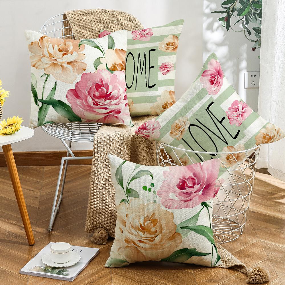New Summer Throw Pillow Case with Floral Letter Print Linen Throw Pillow Decoration Sofa Bedside Backrest Throw Pillow Case