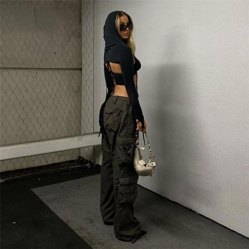 Sweet Fairy Grunge Long Sleeve Hooded Crop Top Y2k Streetwear Strappy Asymmetrical Trendy Sexy T Shirts for Women