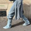 Fashion 2025 New Western Cowboy Boots Denim Pointed Toe Mid-Chunky Heel V Mouth Autumn and Winter All-Match Retro Pile Women Boots