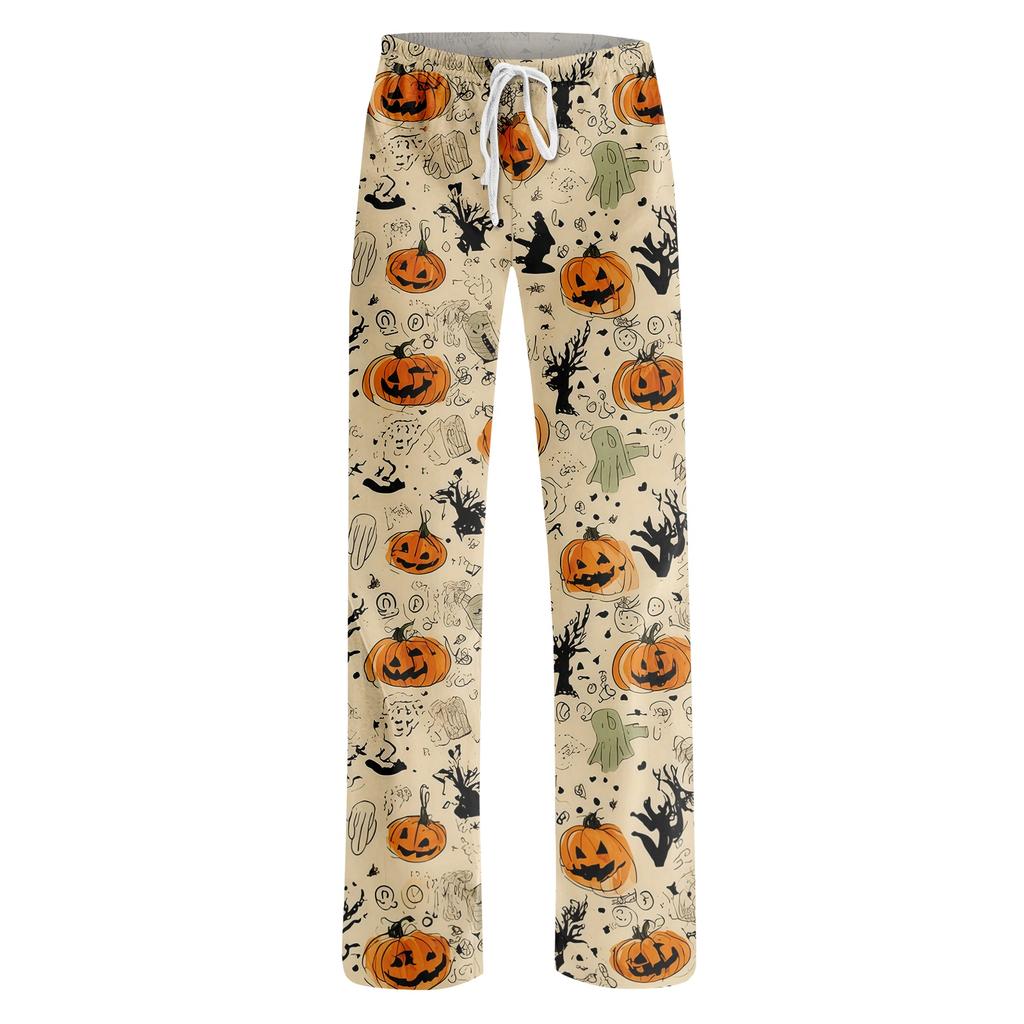 Damen Halloween Print Kordelzug Hose Lässige Lounge Hose Elastische Taille Entspannte Passform Volle Länge Weicher Stoff